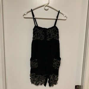 Little black dress smocking gold embroidery XS